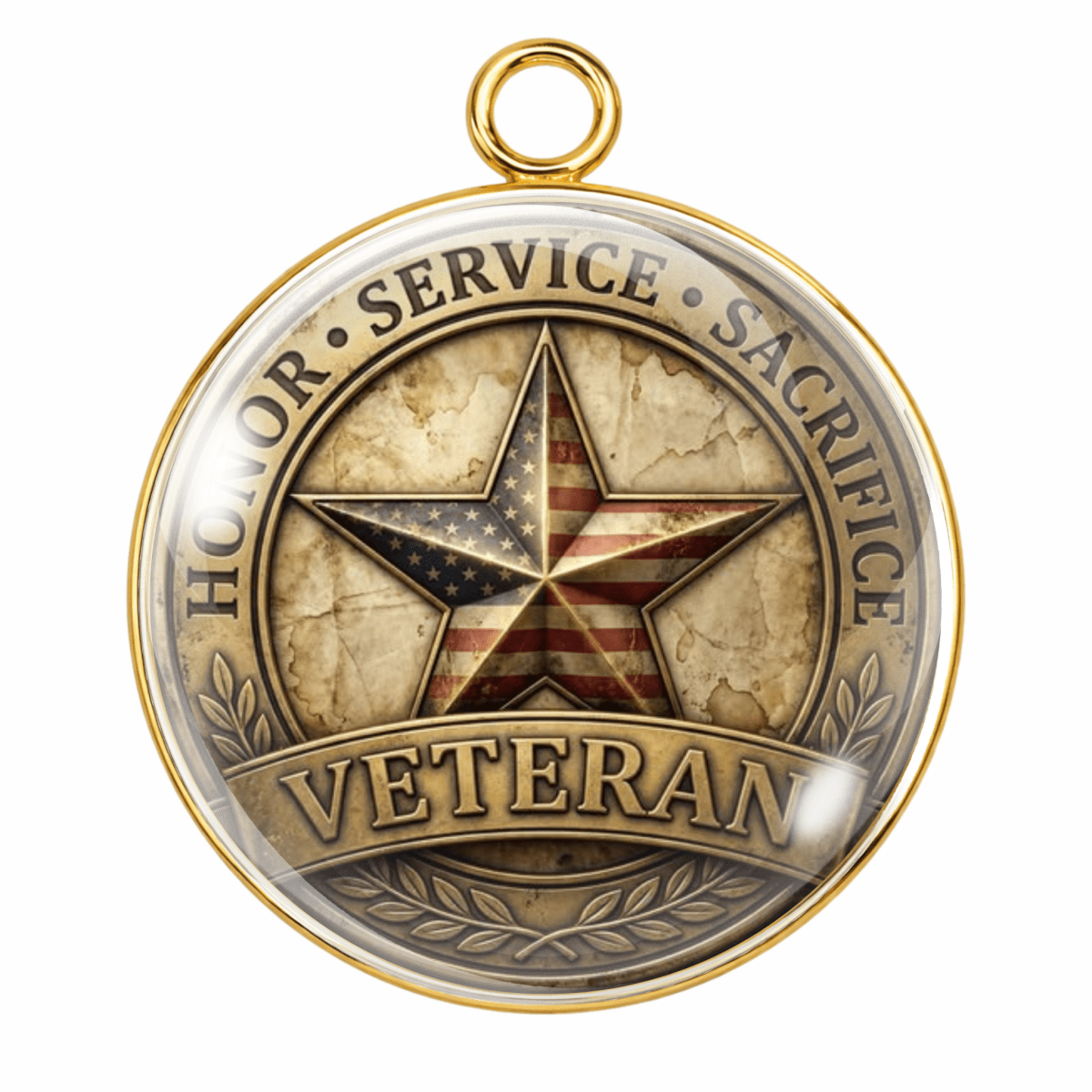 Medal with American flag star design and 'Honor Service Sacrifice Veteran' text on a white background