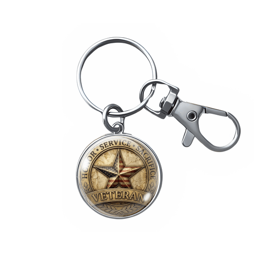 Keychain with star design and 'Veteran' text on a white background