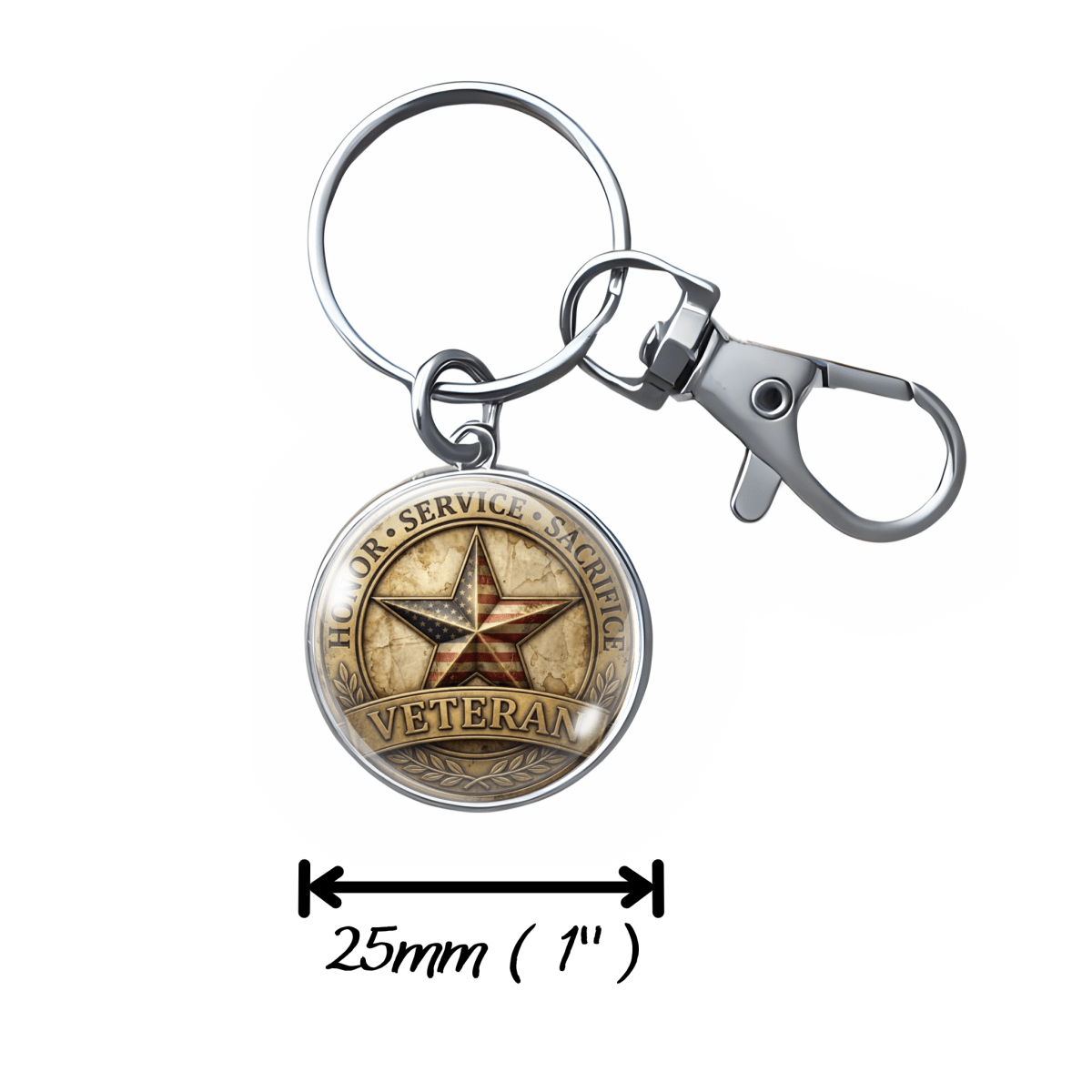 Keychain with star design and 'Veteran' text on a white background