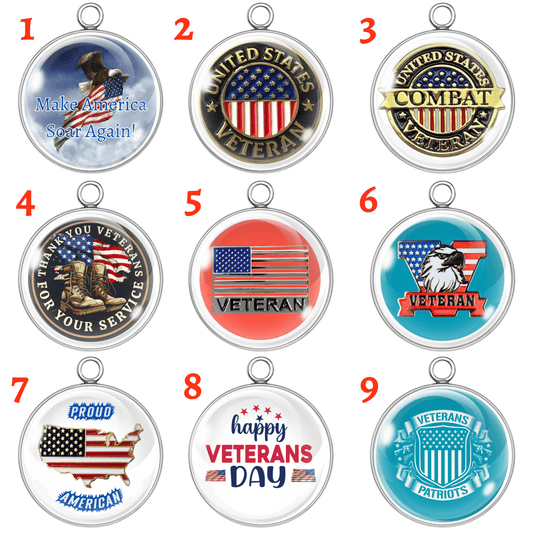 Veteran & Patriotic Glass Cabochon Charms – 9 Bold USA Designs