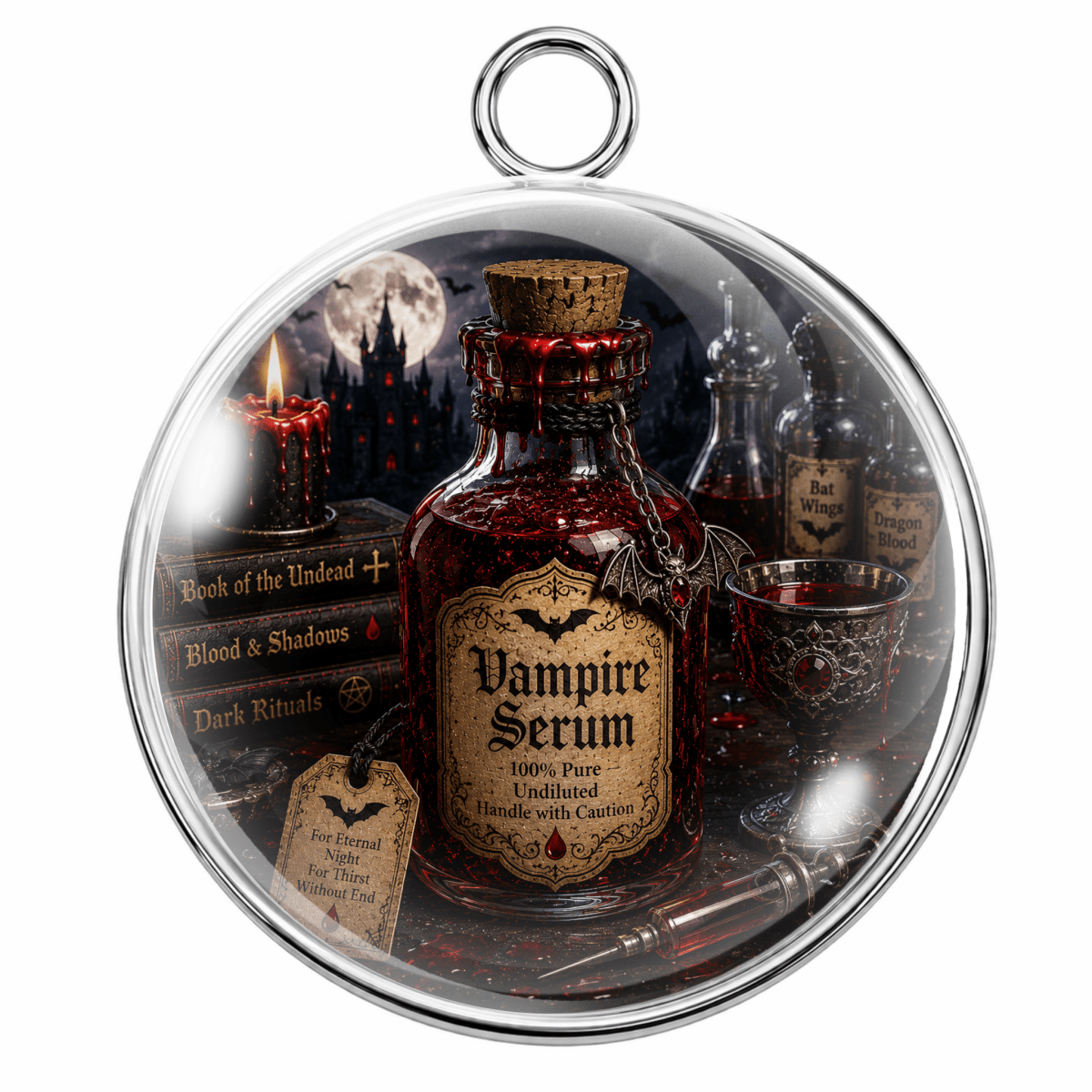A circular glass keepsake pendant or ornament featuring a gothic 'Vampire Serum' scene with a bottle, candle, dagger, and labels, shown on a plain white background.