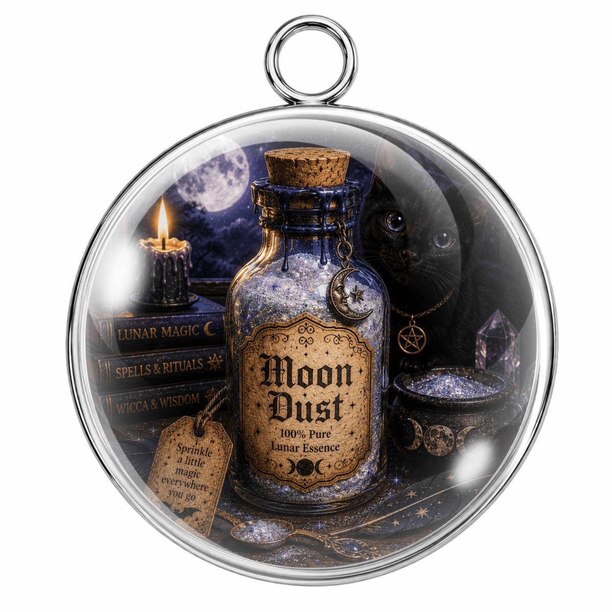 A round silver-toned glass ornament or pendant featuring a printed moonlit spellbook scene with a bottle labeled 'Moon Dust,' candles, books, a black cat, and a moon in the background, shown on a plain white backdrop.