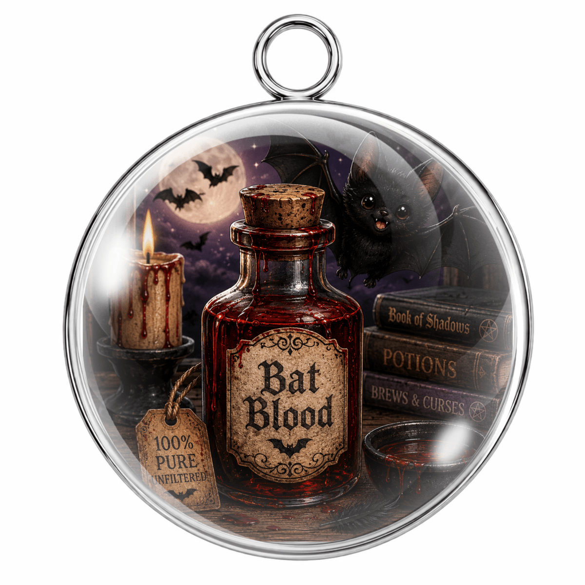A round glass pendant or ornament with a silver-toned metal rim and hanging loop, featuring a printed Halloween-themed scene inside. The scene shows a labeled bottle of 'Bat Blood,' candles, old books, a bowl, and bats against a moonlit sky.
