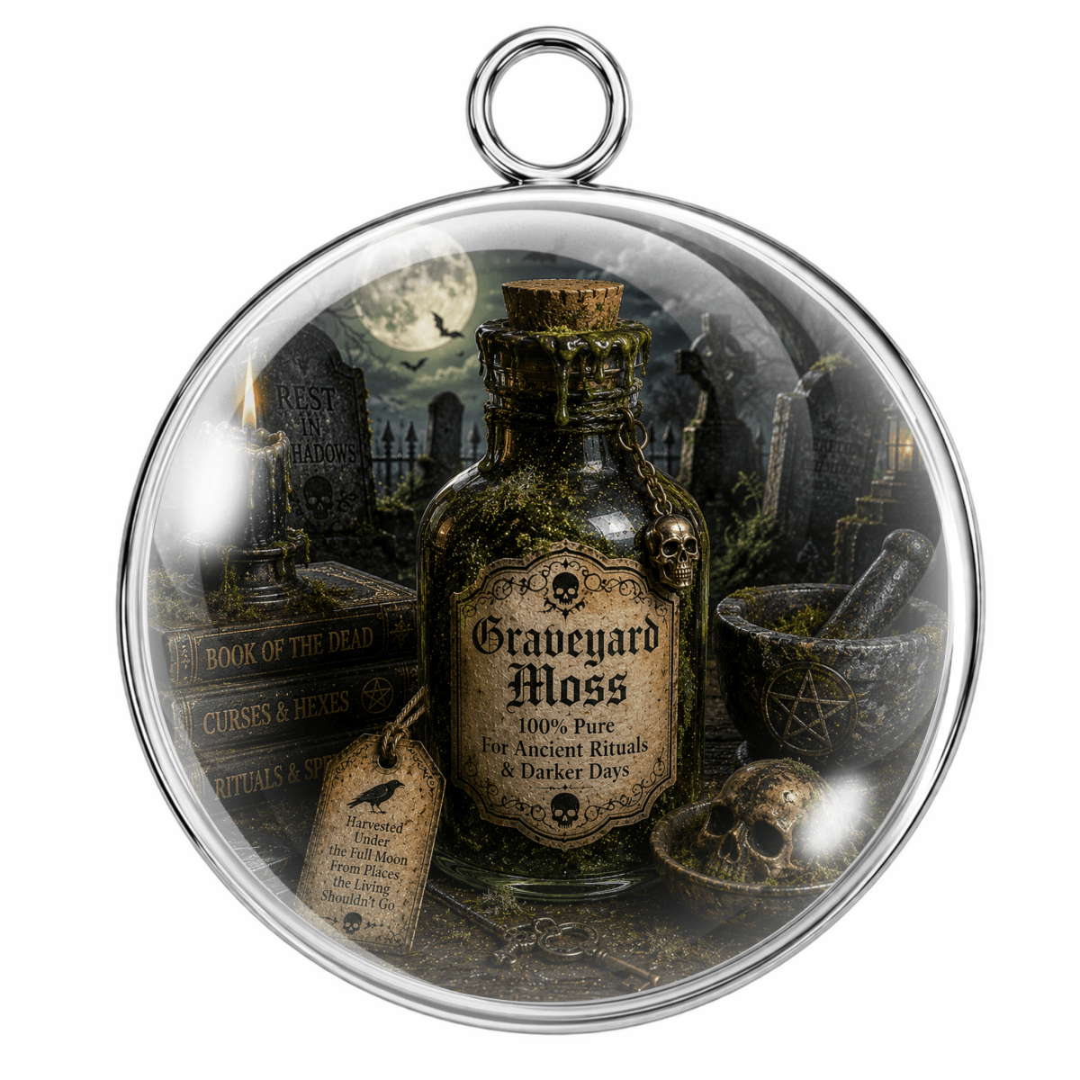 A circular glass pendant or vial with a silver-toned metal rim and hanging loop, featuring a gothic graveyard scene printed inside. The central label reads 'Graveyard Moss 100% Pure for Ancient Rituals & Darker Days,' with illustrated props including a skull, candle, books, and a mortar and pestle on a white background.