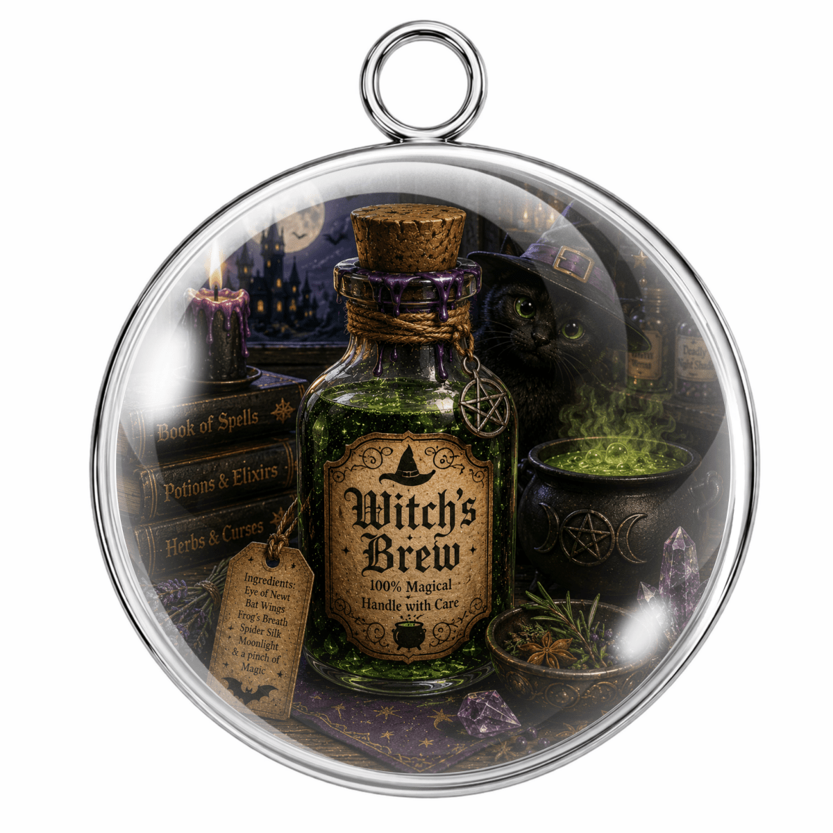 A round glass pendant with a silver metal rim and hanging loop, featuring a printed witch-themed scene with a green potion bottle labeled 'Witch's Brew,' a cauldron, candles, books, and a black cat, shown on a white background.