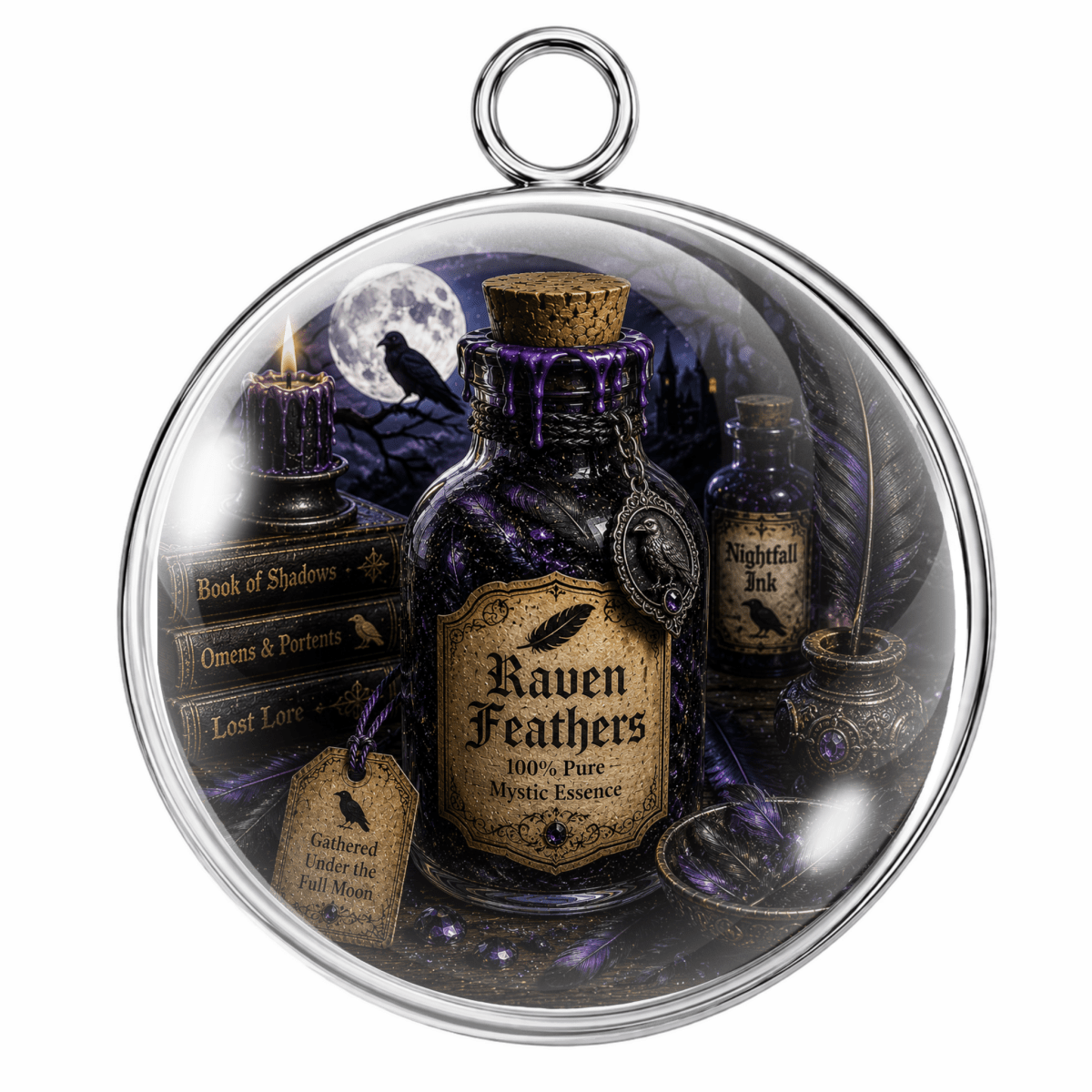 A circular glass keepsake box or pendant with a silver-toned metal rim and hanging loop, featuring a gothic potion scene with labeled bottles, a candle, books, a raven, and a moonlit background.