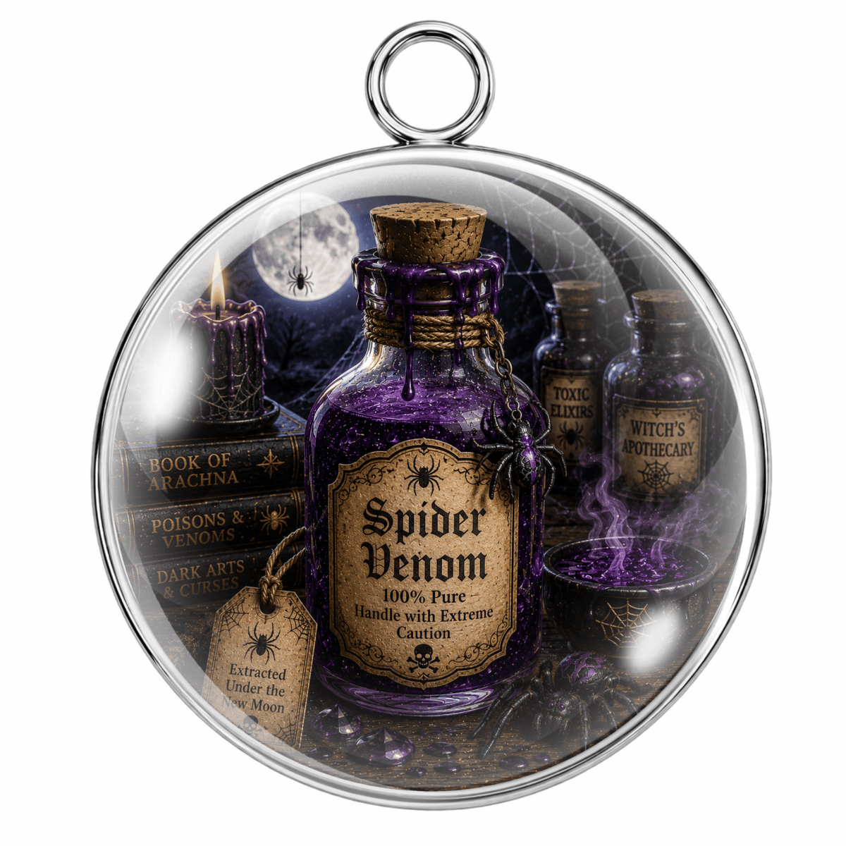 A round glass pendant or ornament featuring a printed gothic scene with spider venom bottles, a candle, spiderwebs, and a moonlit background, enclosed in a silver-toned rim with a hanging loop at the top.