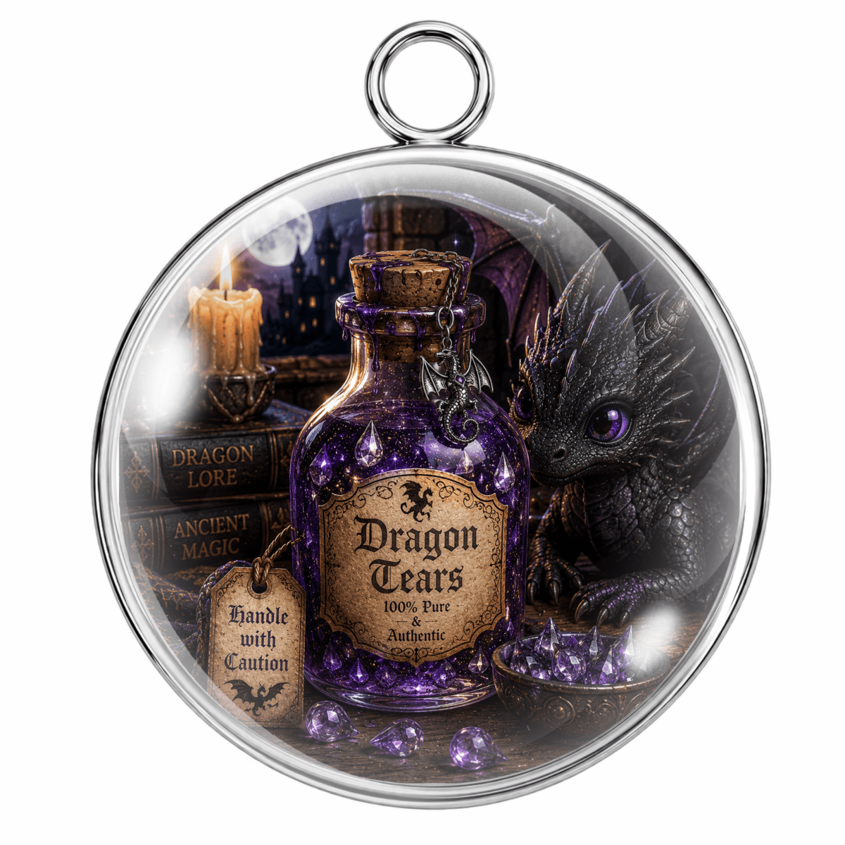 A round glass pendant or vial with a silver metal rim and hanging loop, containing a purple potion bottle labeled 'Dragon Tears' surrounded by fantasy artwork including a dragon, candles, and old books.