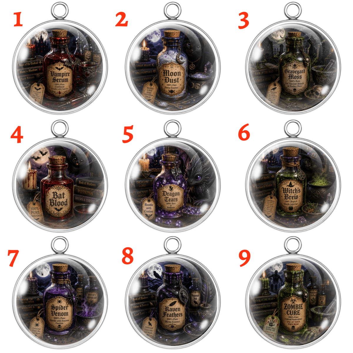 A 3x3 grid of nine circular pendant charms, each labeled with a red number from 1 to 9. Each pendant contains a miniature potion bottle surrounded by gothic-themed illustrations like books, candles, and magical symbols.