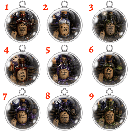 A 3x3 grid of nine circular pendant charms, each labeled with a red number from 1 to 9. Each pendant contains a miniature potion bottle surrounded by gothic-themed illustrations like books, candles, and magical symbols.
