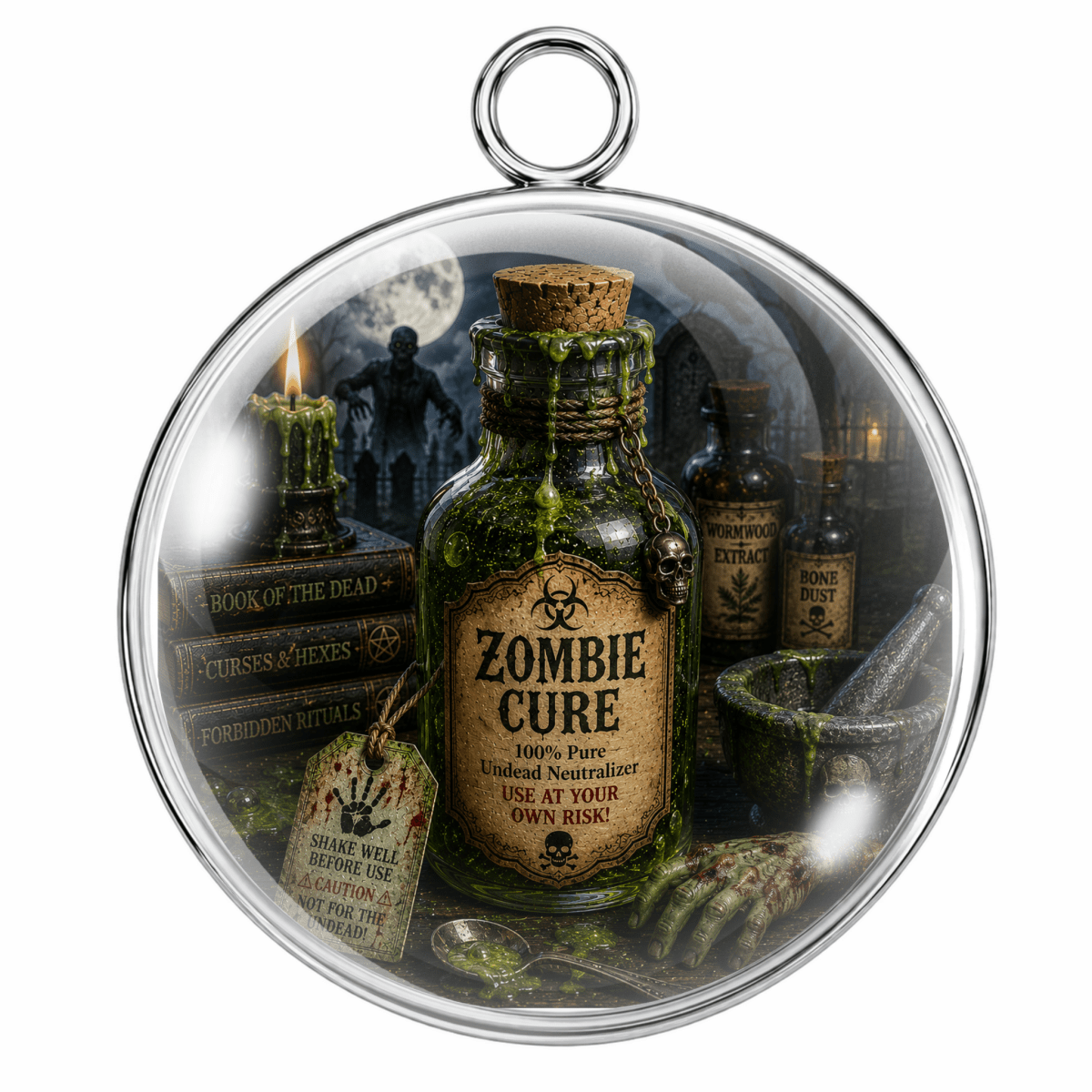 A round glass ornament or pendant featuring a gothic-themed miniature scene with a central bottle labeled 'Zombie Cure,' surrounded by candles, old books, a skull, and a green gloved hand inside a clear circular frame with a metal hanging loop.