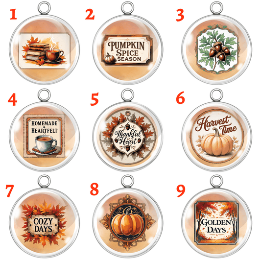 "Set of 9 vintage autumn-themed glass cabochon charms featuring pumpkins, fall leaves, acorns, warm drinks, and cozy seasonal quotes in stainless steel settings."