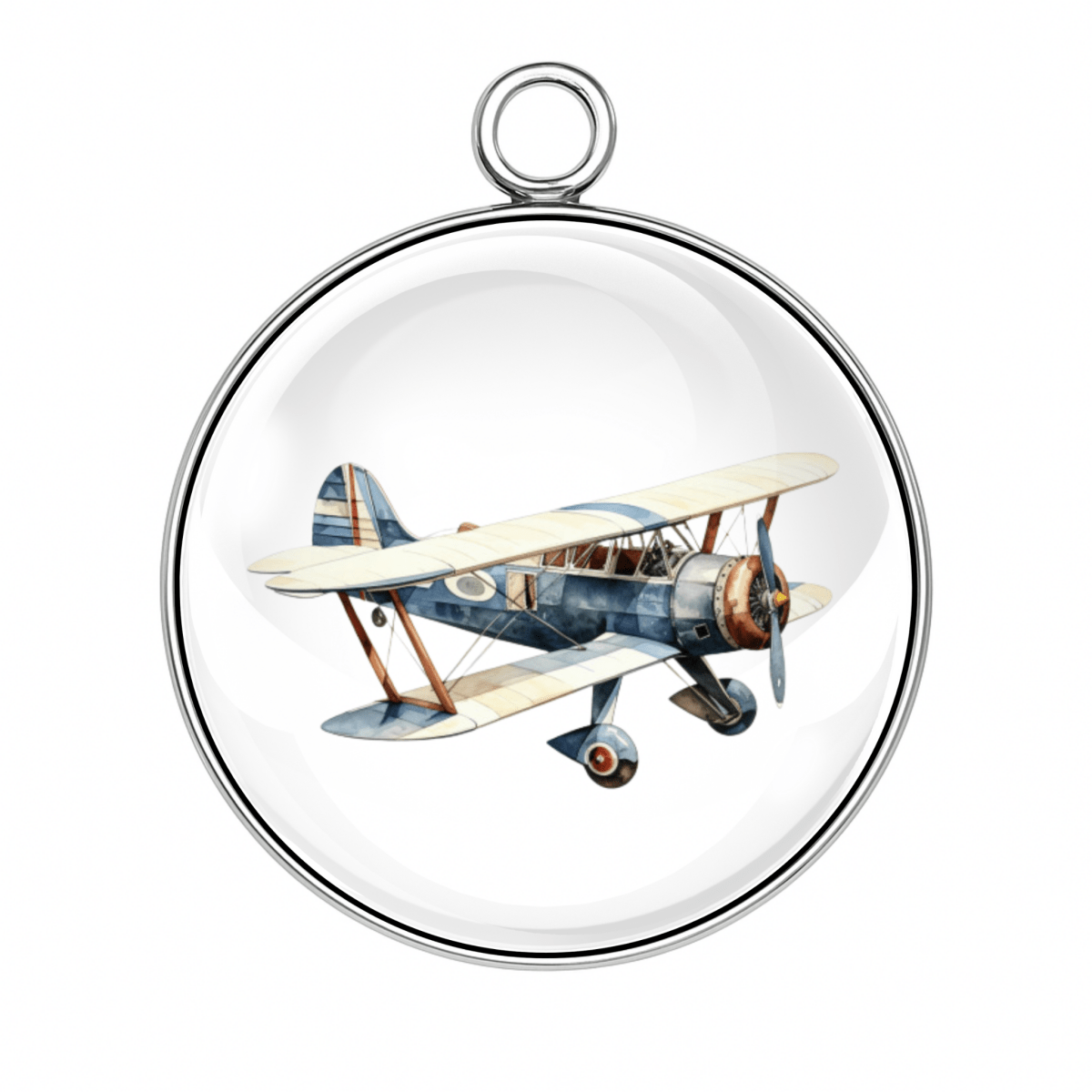 Style #1 – Blue and white vintage biplane with British roundels, angled upward