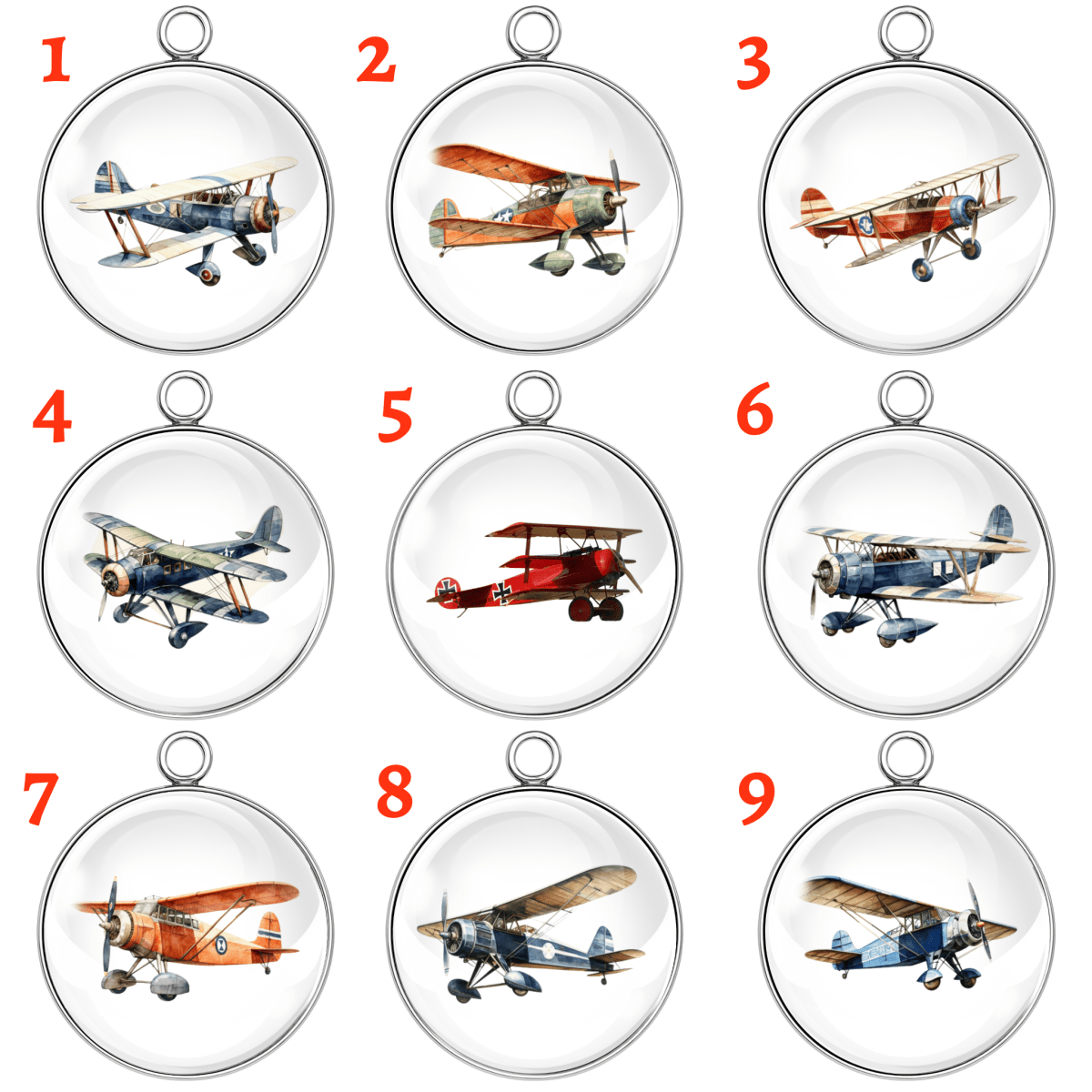 Nine vintage biplane airplane glass cabochon charms in stainless steel settings with numbered styles, featuring retro aircraft in various colors and angles.