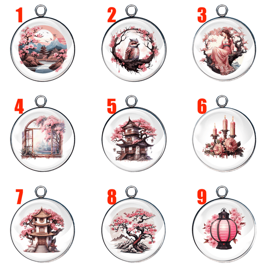 Vintage Cherry Blossom Glass Cabochon Charms
