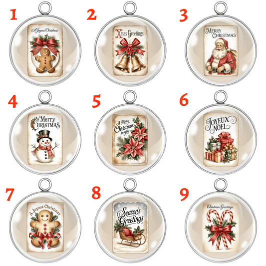 Set of 9 vintage Christmas greeting glass cabochon charms with Santa, poinsettia, snowman, and candy cane designs in stainless-steel bases, available in silver or gold.