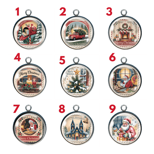 Nine vintage Christmas glass cabochon charms displayed in a numbered 3-by-3 grid