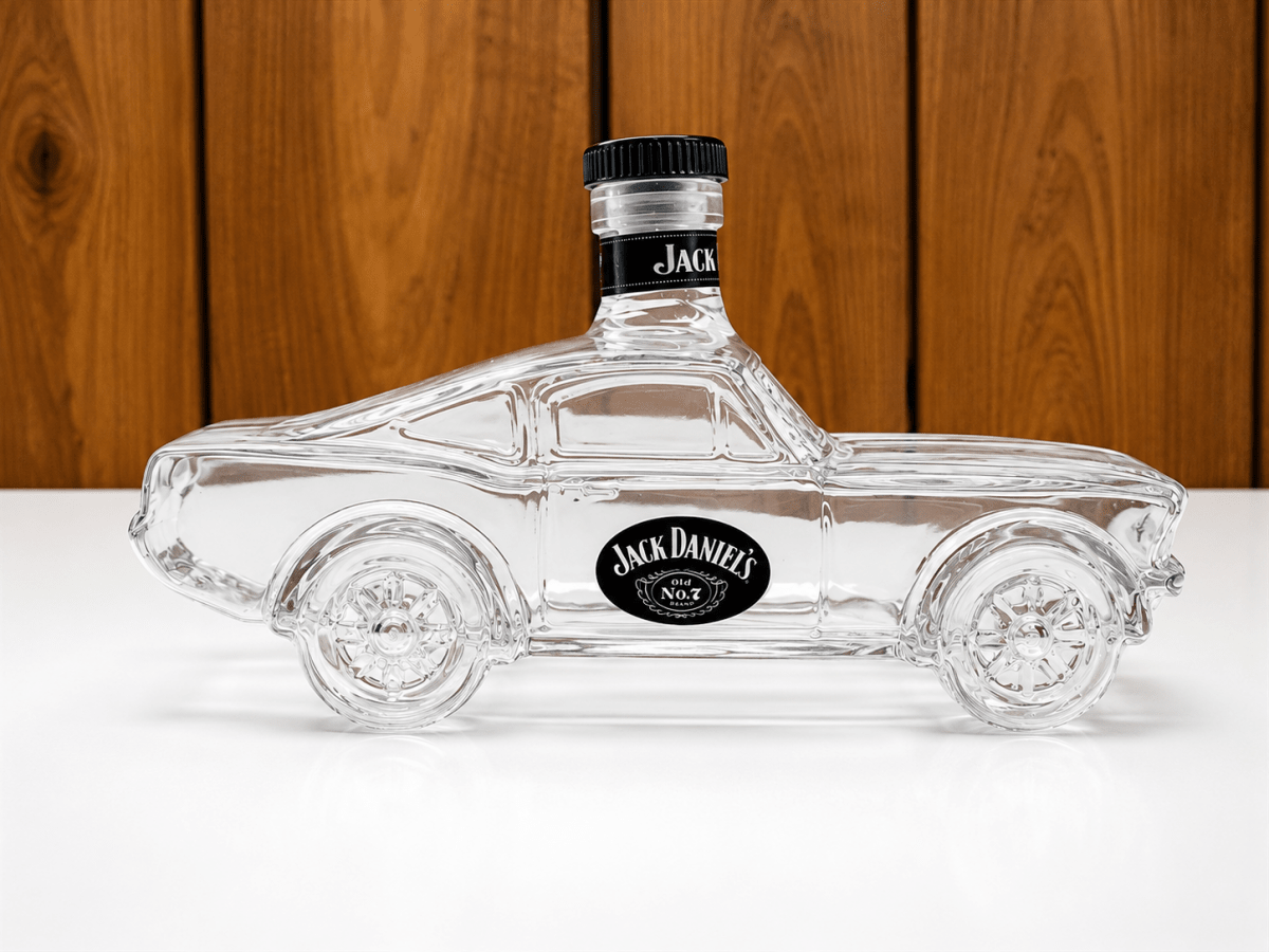 A clear glass bottle shaped like a classic car, featuring a black cap and  set against a wooden background.