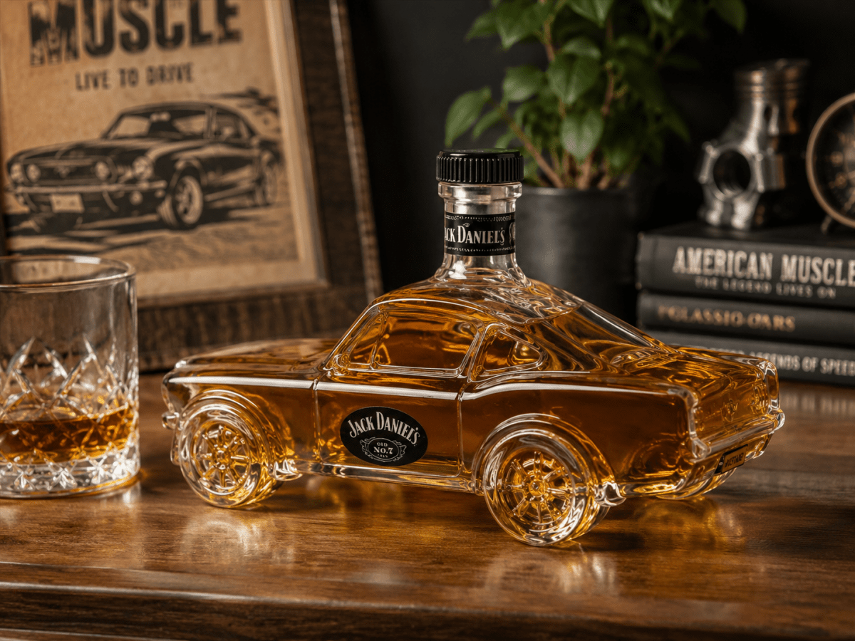 A glass bottle shaped like a muscle car, filled with amber whiskey, displayed on a wooden table next to a matching whiskey glass. The background features a framed print of a classic car, a potted plant, and books.