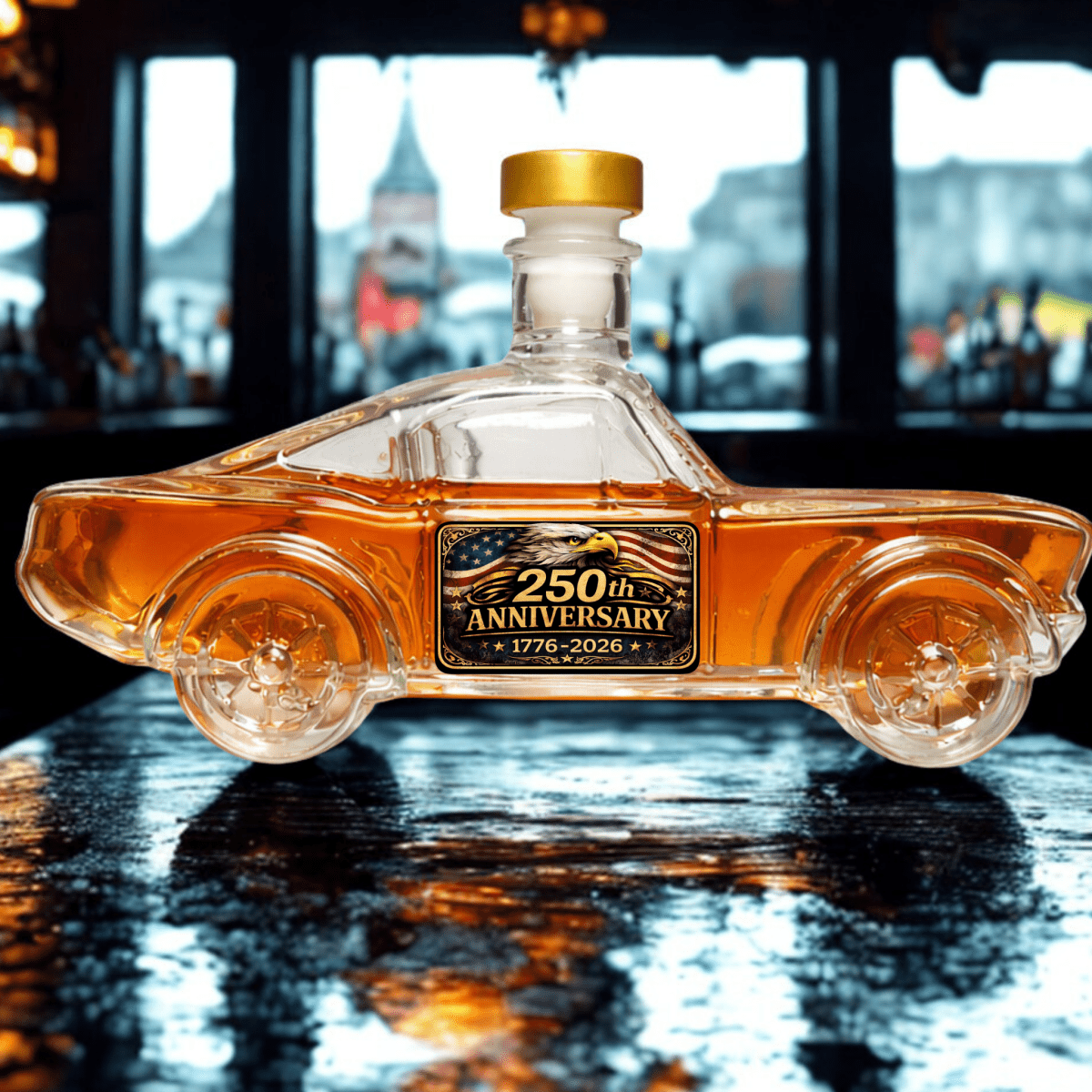 Vintage Mustang Muscle Car Decanter - 250th Anniversary 1776-2026 - Patriotic Eagle Whiskey Bottle
