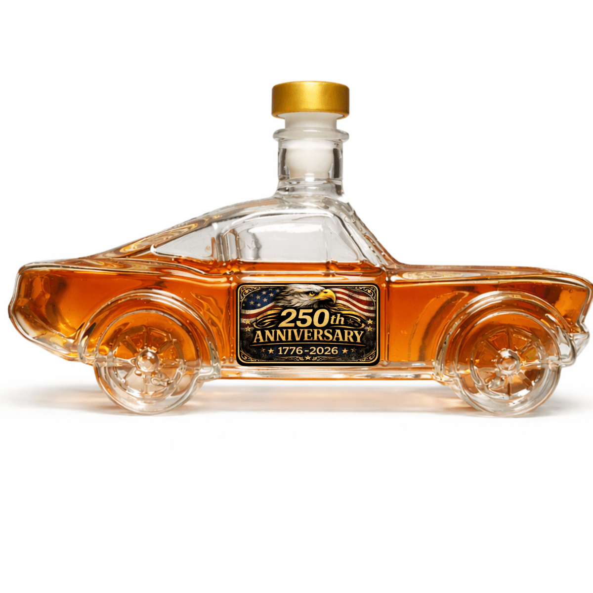 Car-shaped whiskey bottle with '250th Anniversary' label on a white background