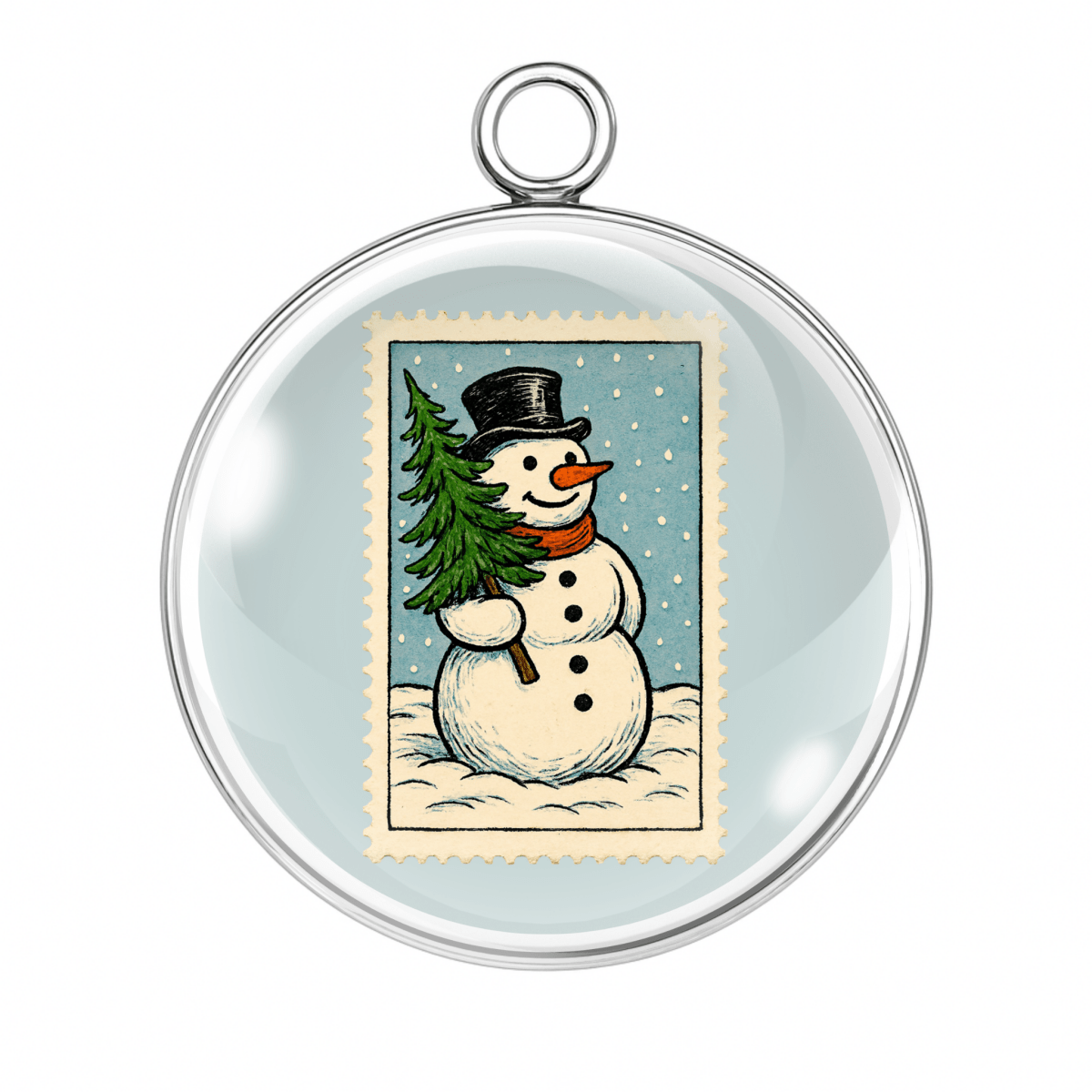 Vintage Snowman Christmas Stamp Charms – Glass Cabochon Pendants in Silver or Gold