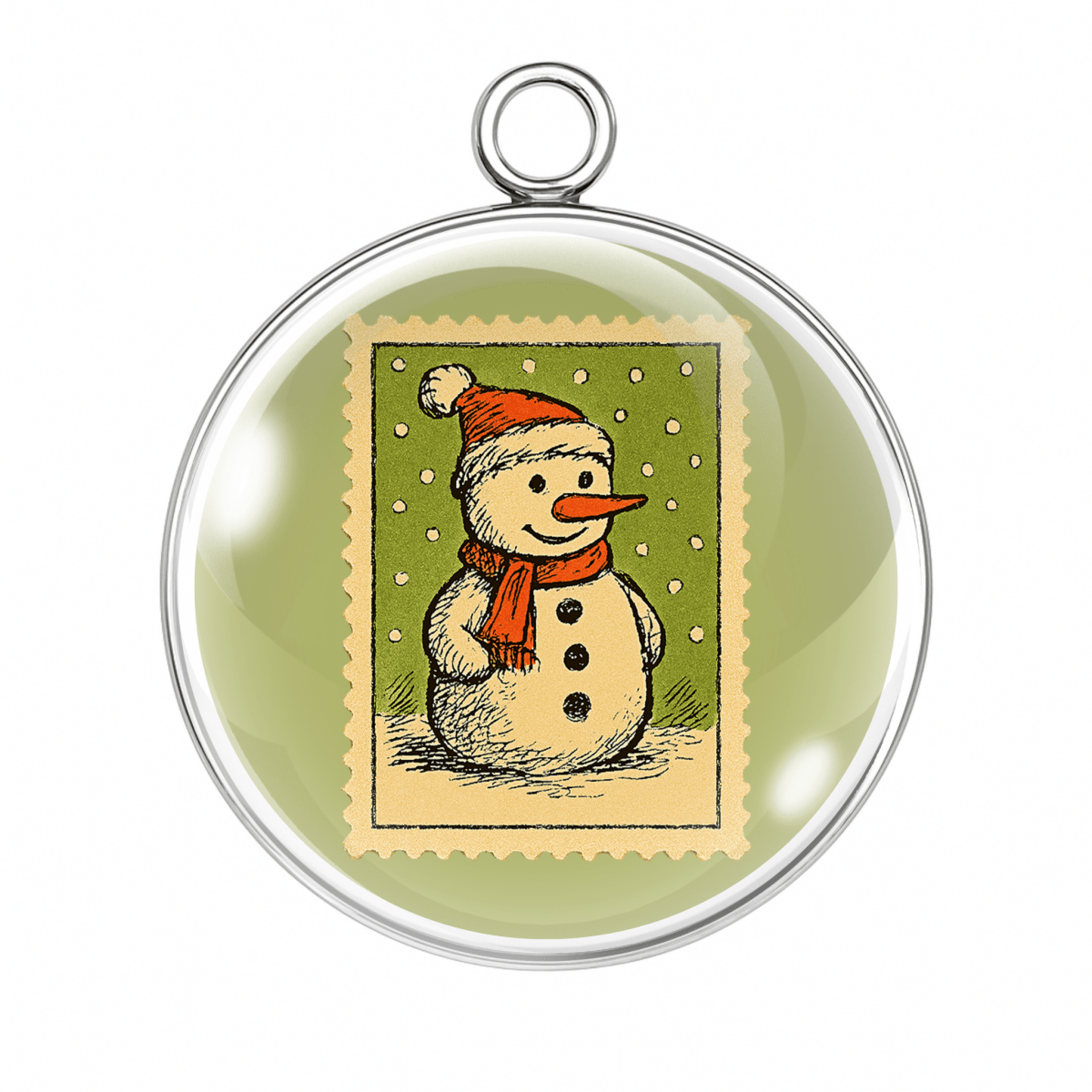 Vintage Snowman Christmas Stamp Charms – Glass Cabochon Pendants in Silver or Gold