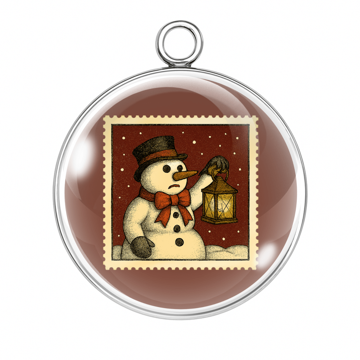 Vintage Snowman Christmas Stamp Charms – Glass Cabochon Pendants in Silver or Gold