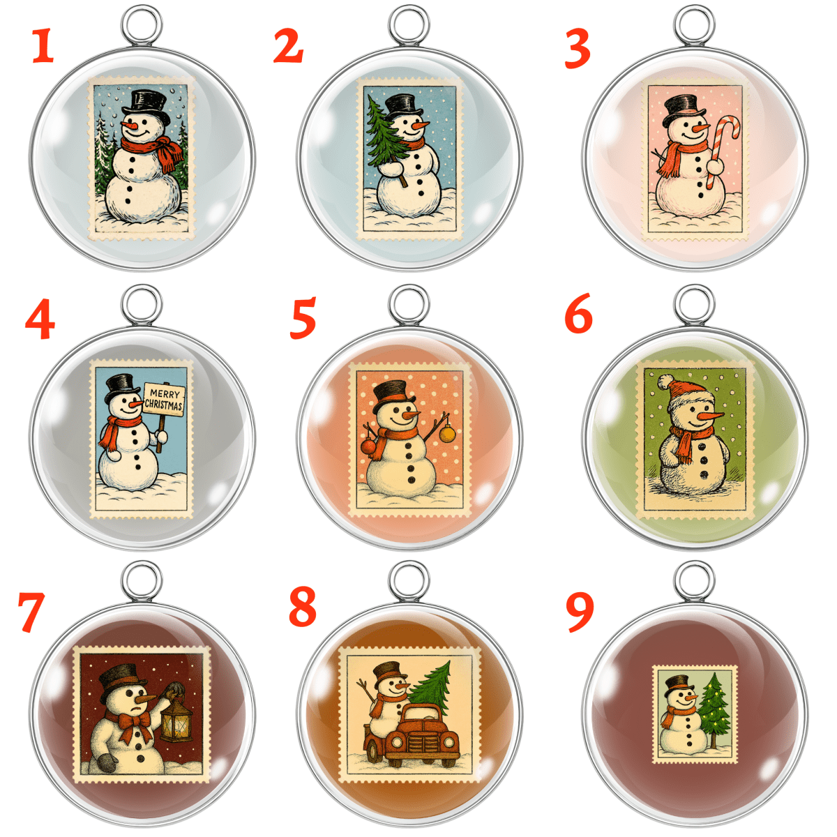 Vintage Snowman Christmas Stamp Charms – Glass Cabochon Pendants in Silver or Gold