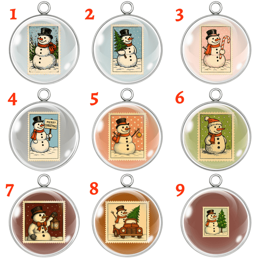Vintage Snowman Christmas Stamp Charms – Glass Cabochon Pendants in Silver or Gold