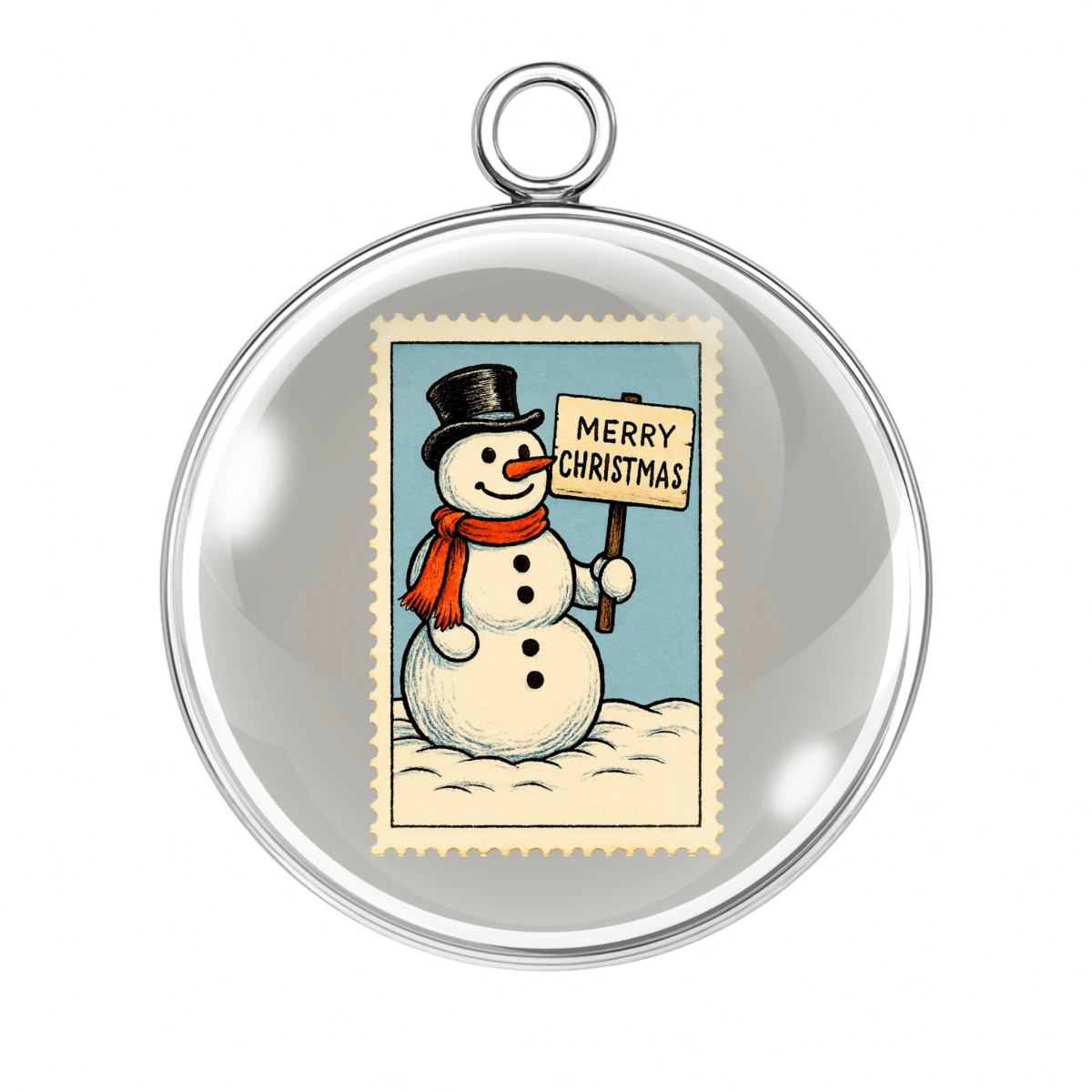 Vintage Snowman Christmas Stamp Charms – Glass Cabochon Pendants in Silver or Gold
