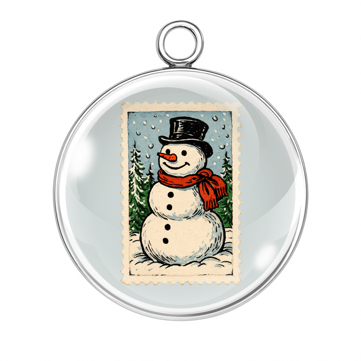 Vintage Snowman Christmas Stamp Charms – Glass Cabochon Pendants in Silver or Gold