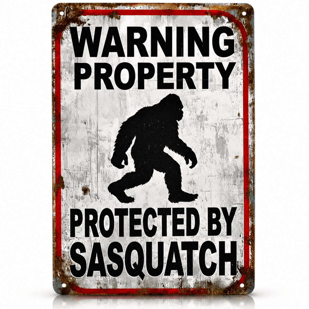 Warning Property Protected By Sasquatch 12x8 distressed metal sign with vintage rustic finish and Bigfoot silhouette on a white background.