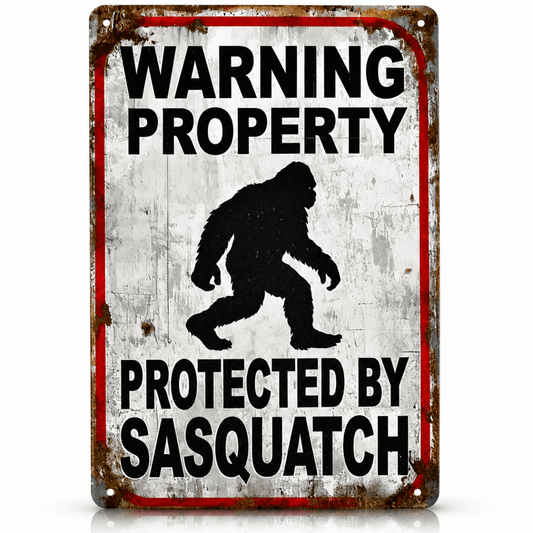 Warning Property Protected By Sasquatch 12x8 distressed metal sign with vintage rustic finish and Bigfoot silhouette on a white background.