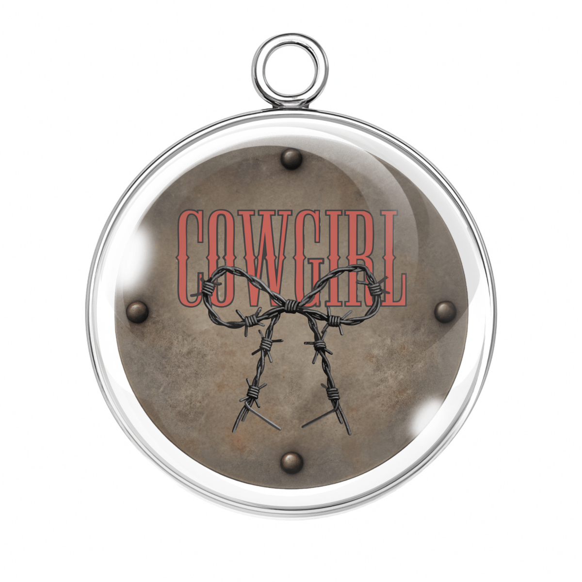 Barbed Wire Cowgirl Charm – “Barbed wire bow design over bold 'COWGIRL' lettering on a rustic steel plate background.”