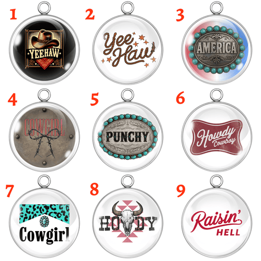 “Set of 9 round Western-themed glass cabochon charms in stainless steel bases featuring cowboy and cowgirl slogans, rustic designs, and turquoise accents.”
