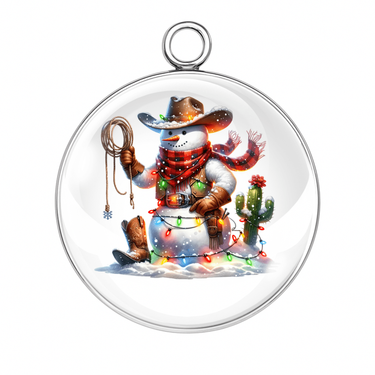 Cowboy snowman holding cactus charm