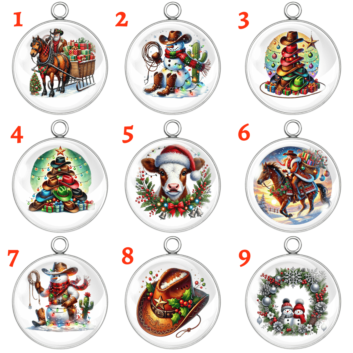 Western Christmas glass cabochon charms – 9 handmade designs featuring cowboy snowmen, horses, cows, and western Christmas trees. Perfect for jewelry making, keychains, and holiday crafts by I Like Worms