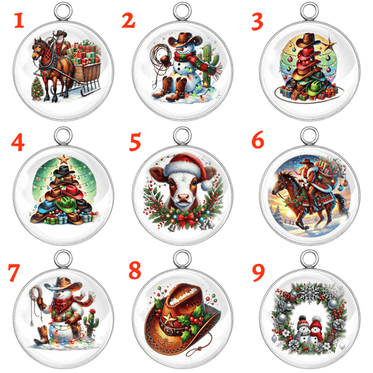 Western Christmas glass cabochon charms – 9 handmade designs featuring cowboy snowmen, horses, cows, and western Christmas trees. Perfect for jewelry making, keychains, and holiday crafts by I Like Worms