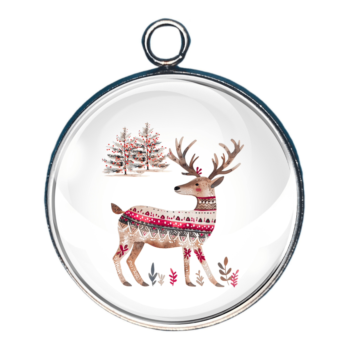 Charm featuring a Scandinavian Stylized reindeer  with christmas  trees in the background