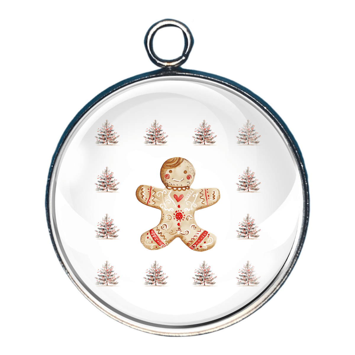 Charm featuring a Gingerbread man surrounded by tiny Christmas trees