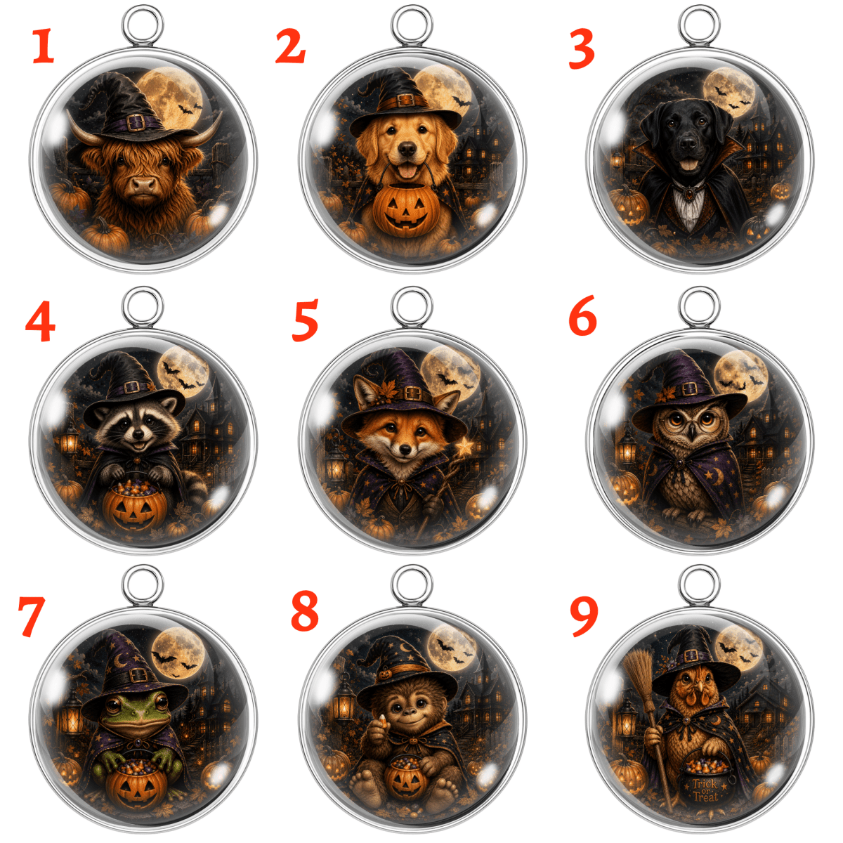 Nine Halloween-themed oval pendant designs arranged in a 3x3 grid on a white background, each with a red number in the upper left corner. The pendants feature cute animals wearing witch hats with pumpkins, candles, and full moons inside clear domed cases with silver metal borders.