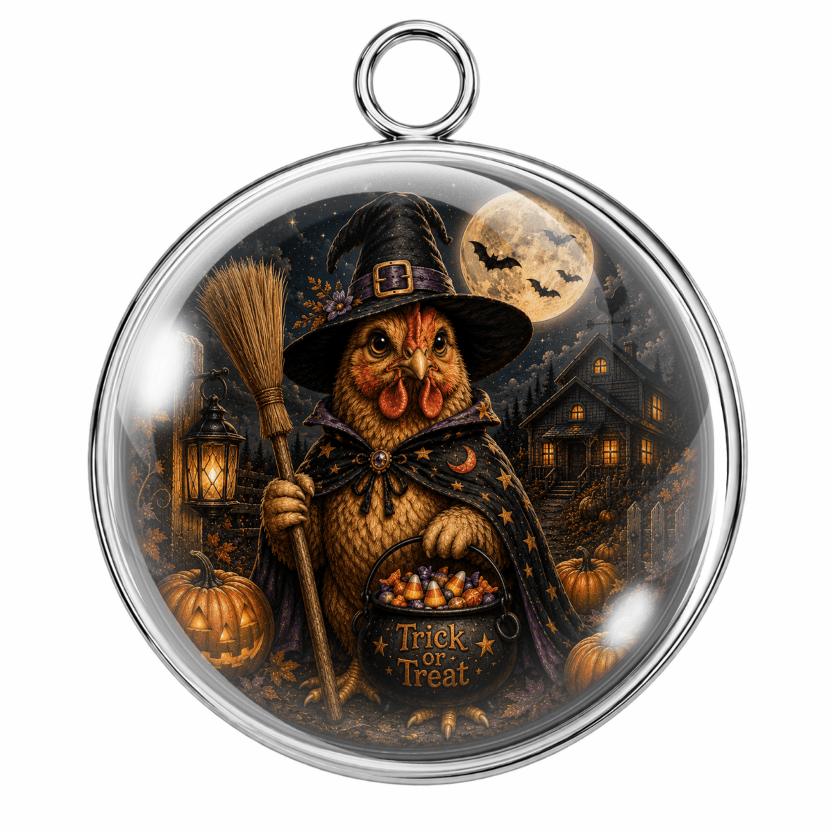 Round silver-toned pendant with a clear domed insert featuring a whimsical owl dressed as a witch holding a broom and a bucket of treats under a full moon and haunted house scene. The pendant has a hanging loop at the top and the words 'Trick or Treat' on the bucket.