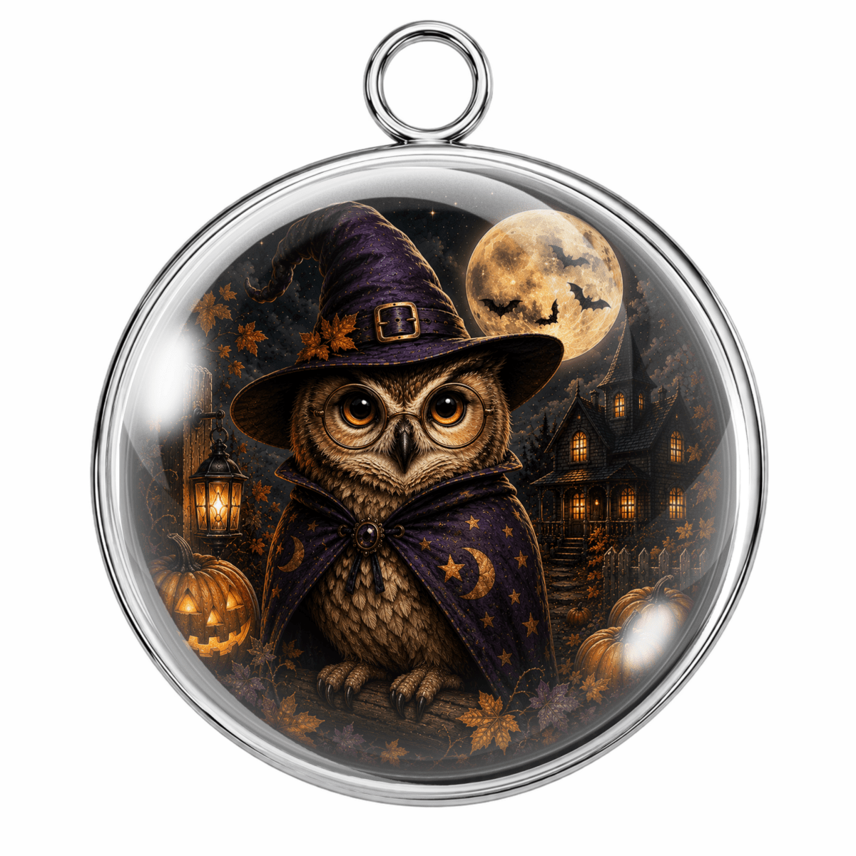 A round glass pendant with a silver metal frame and hanging loop, featuring a detailed illustration of a witch owl wearing a purple hat and cape, set against a spooky haunted house and full moon background.