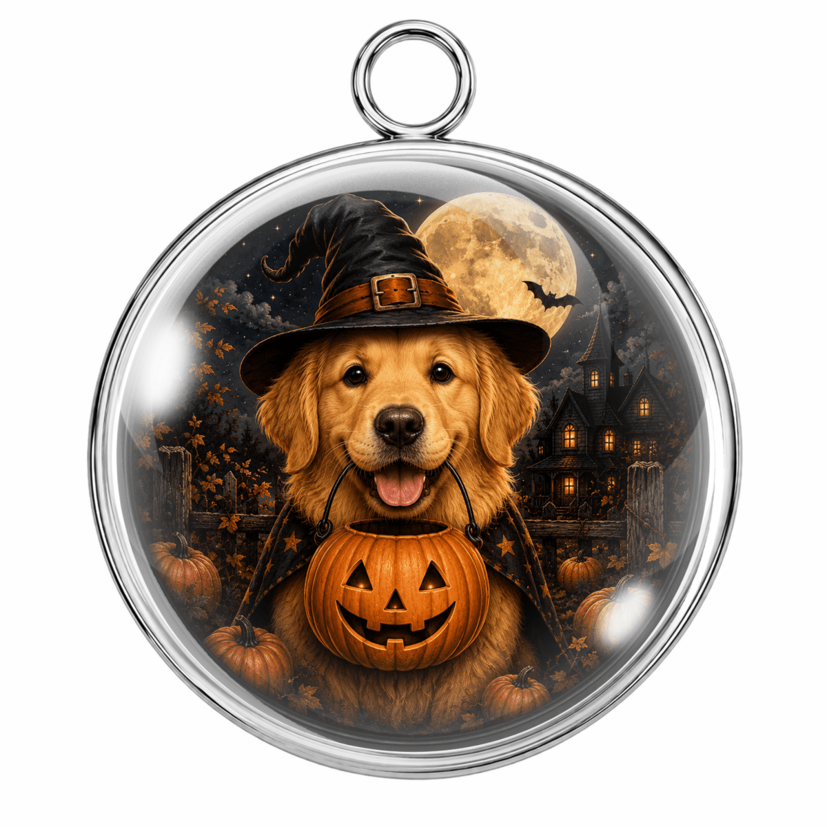 A round silver-toned pendant or ornament with a clear domed surface, featuring a printed Halloween scene of a golden retriever wearing a witch hat and holding a jack-o'-lantern, set against a dark haunted-house background with pumpkins and a full moon.