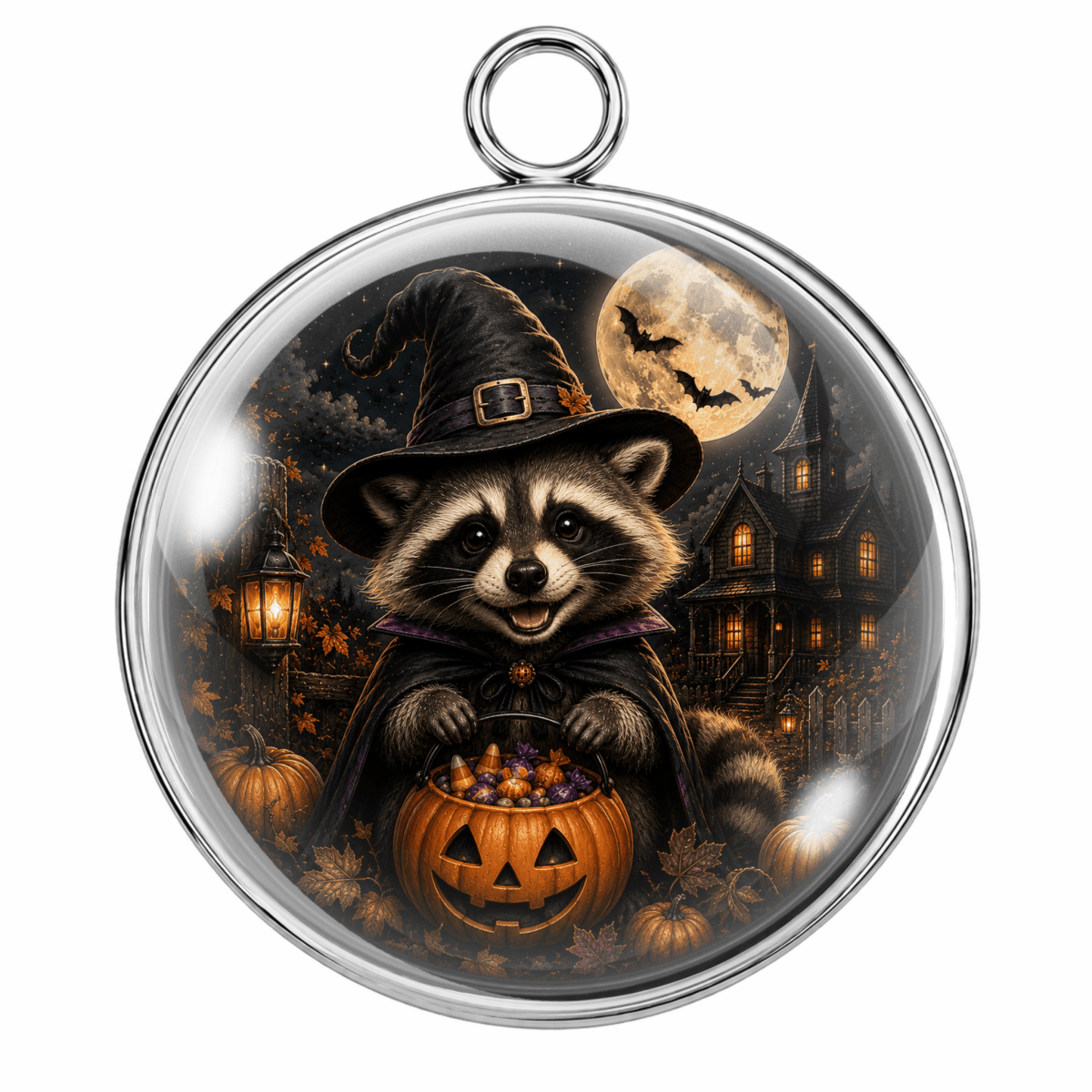A round silver-toned pendant or ornament with a hanging loop at the top, featuring a whimsical Halloween illustration of a raccoon in a witch hat holding a jack-o'-lantern, set against a haunted house and full moon background.