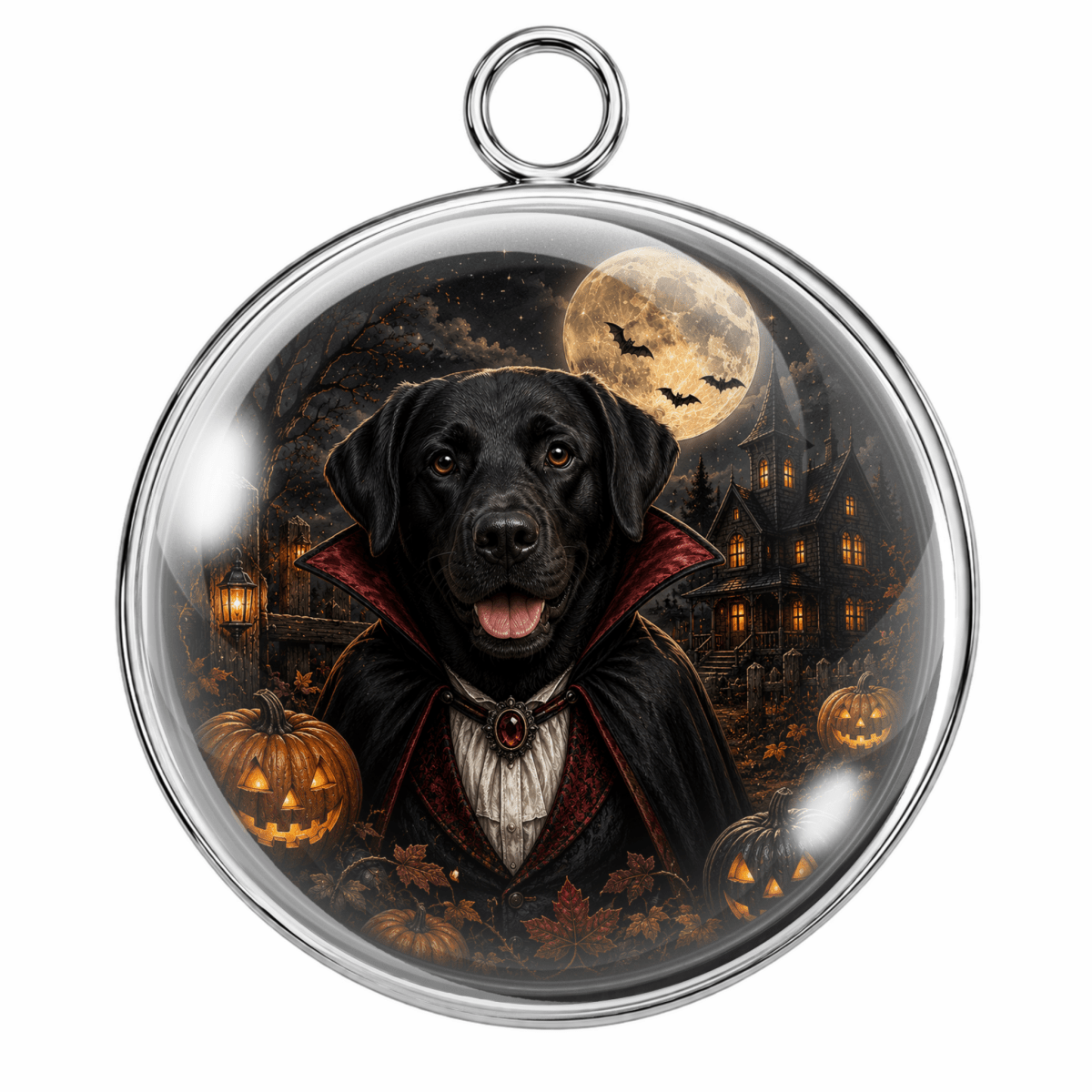 A round silver-toned pendant with a hanging loop, featuring a printed Halloween scene of a black dog dressed as a vampire under a full moon, with pumpkins, bats, and haunted houses inside.