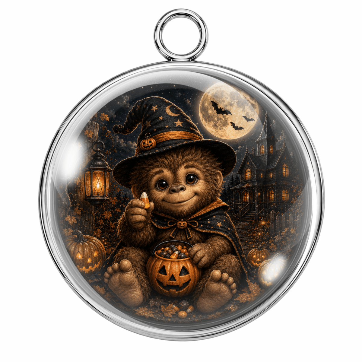 A round silver-toned pendant or ornament featuring a whimsical Halloween illustration of a small bear dressed as a witch, holding a jack-o'-lantern bucket, with pumpkins, a haunted house, and a full moon in the background.