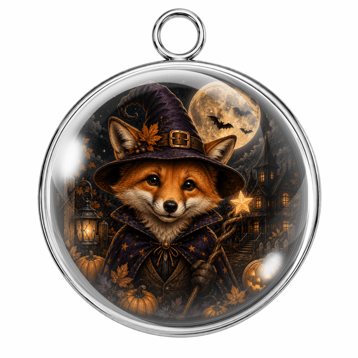 A round silver-toned pendant or medallion featuring a detailed Halloween illustration of a fox dressed as a witch under a full moon, with pumpkins, lanterns, and bats inside a clear domed case.