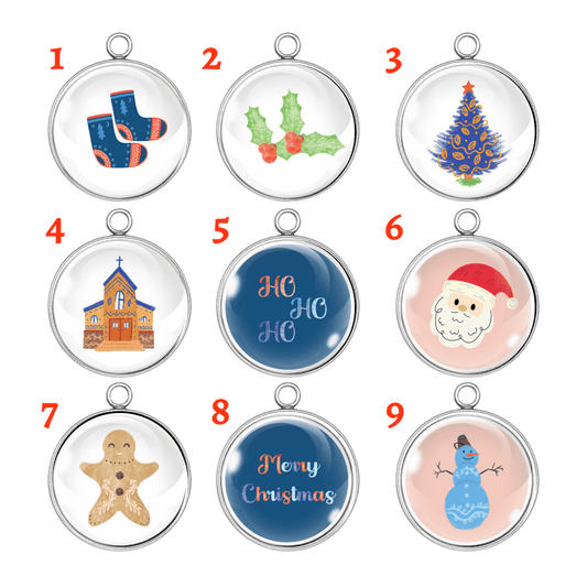 Set of 9 round Christmas charms featuring festive holiday designs including Santa, snowman, stockings, and more.